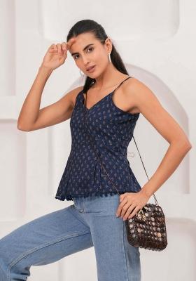 Navy Blue Printed Cotton Top