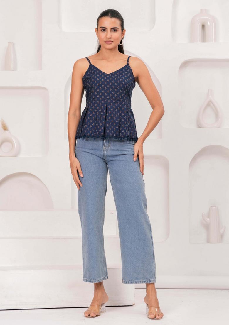Navy Blue Printed Cotton Top - Indya