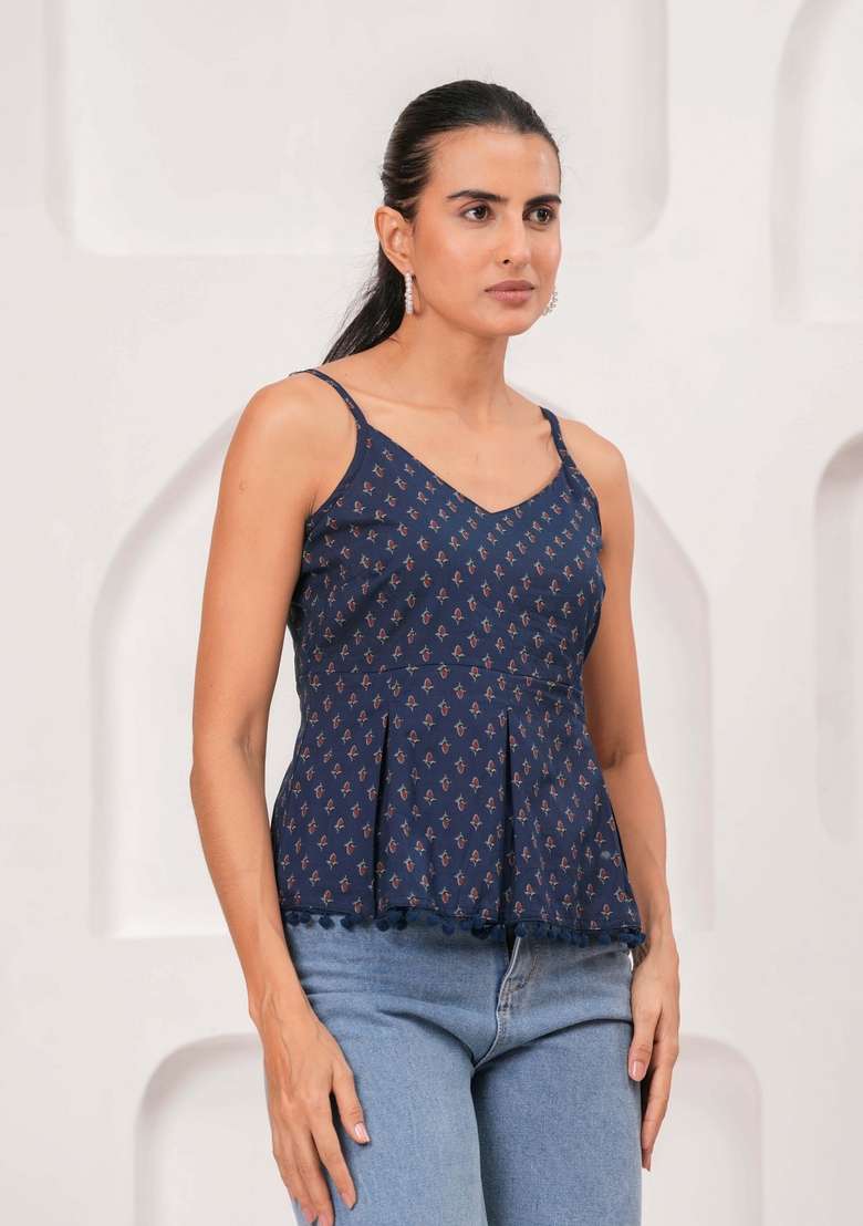 Navy Blue Printed Cotton Kurta - Indya