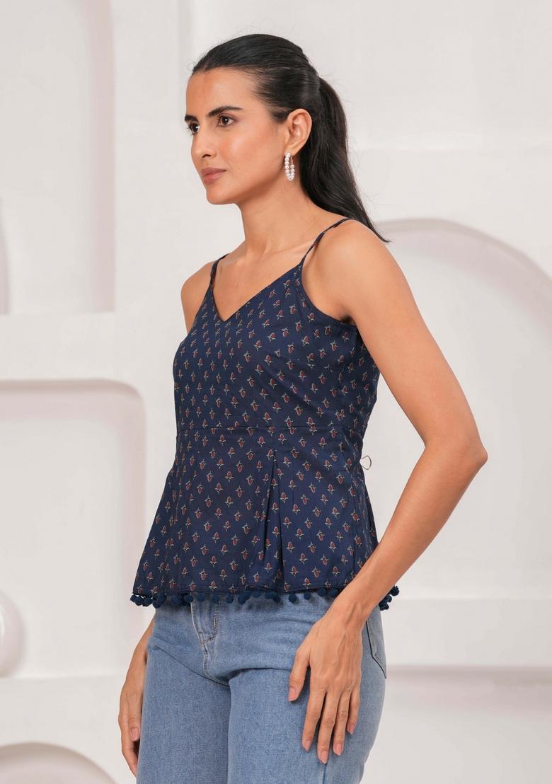 Navy Blue Printed Cotton Top - Indya