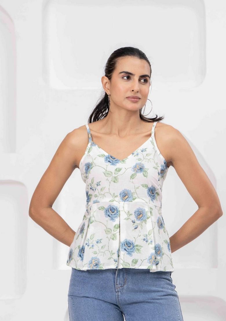 White Printed Cotton Top - Indya