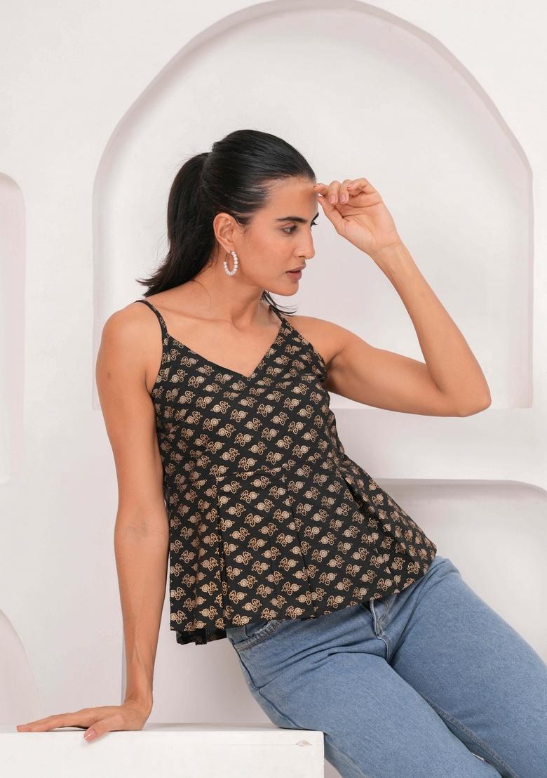 Black Printed Cotton Top - Indya