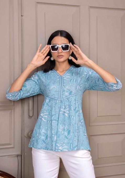 Blue Printed Cotton Top