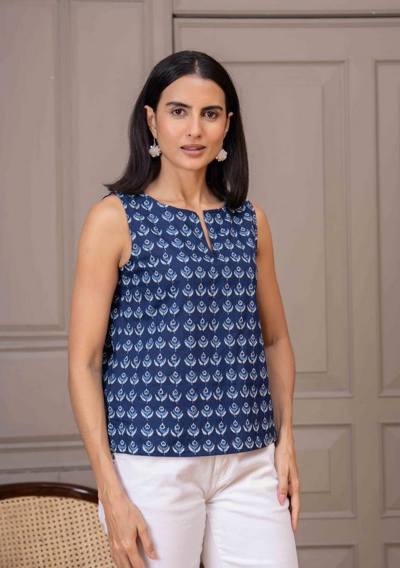 Navy Blue Printed Cotton Top - Indya