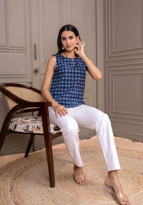 Navy Blue Printed Cotton Top