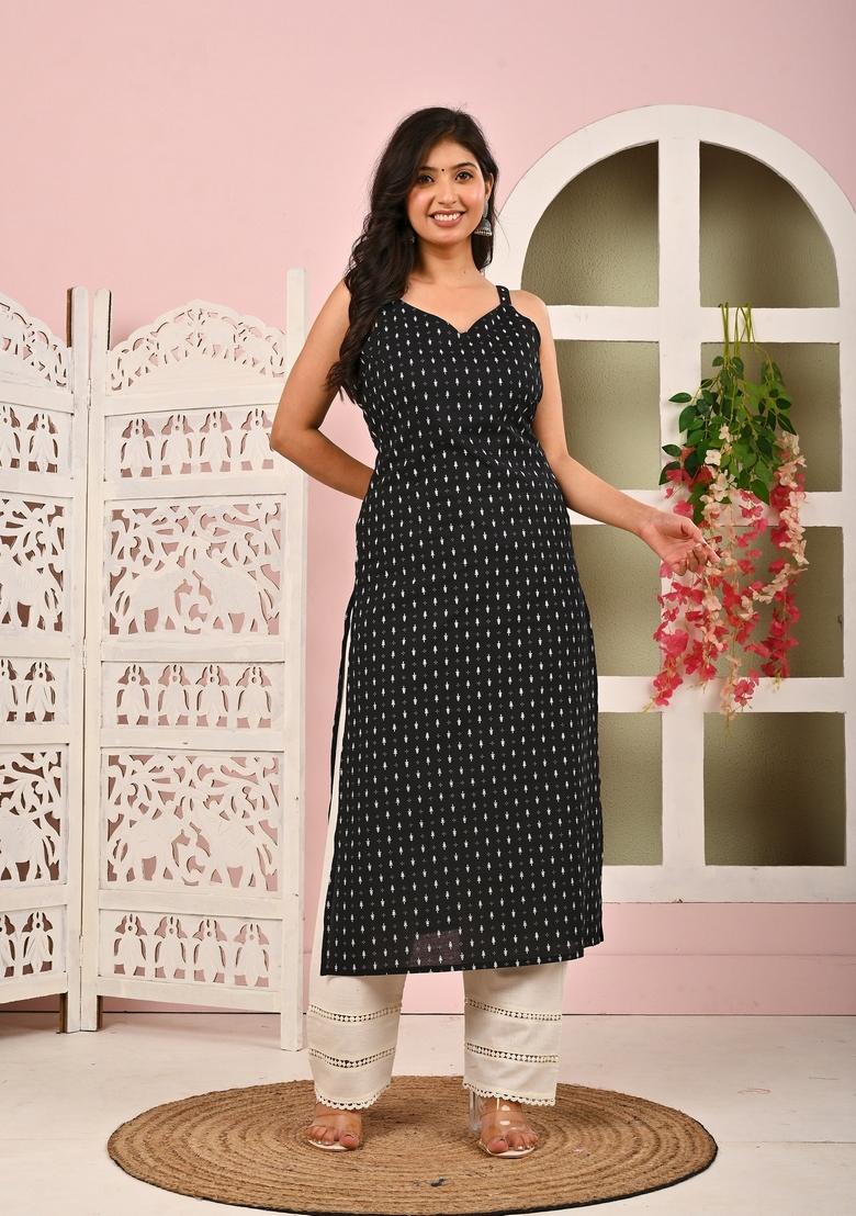 Black Printed Cotton Kurta - Indya