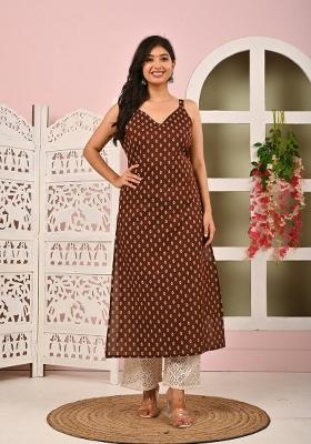 Brown Printed Cotton Kurta