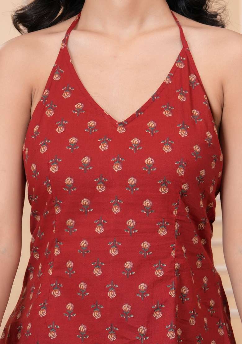 Maroon Floral Print Cotton Kurta - Indya