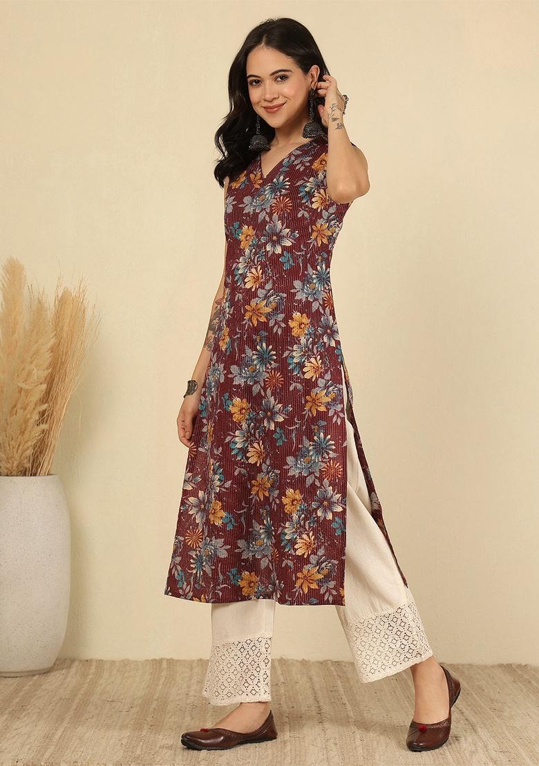 Burgundy Printed Cotton Kurta - Indya