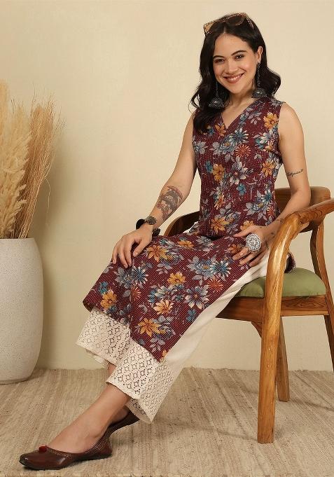 Burgundy Printed Cotton Kurta