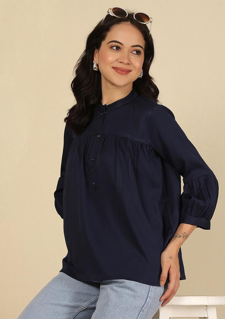 Navy Blue Solid Cotton Top - Indya