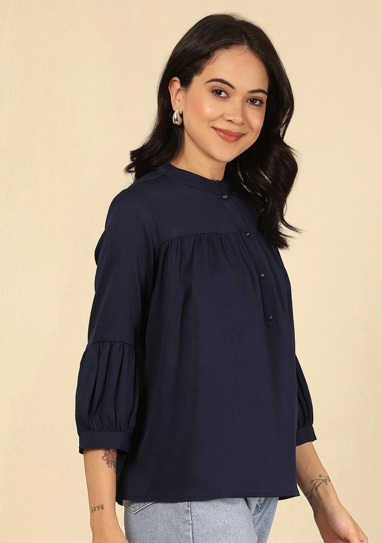 Navy Blue Solid Cotton Top - Indya