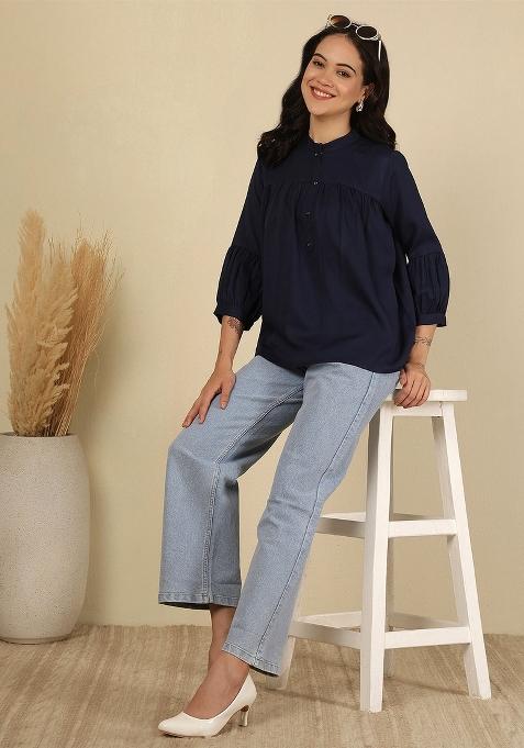 Navy Blue Solid Cotton Top