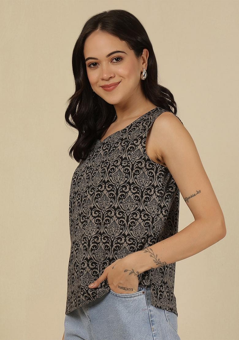 Black Printed Cotton Top - Indya