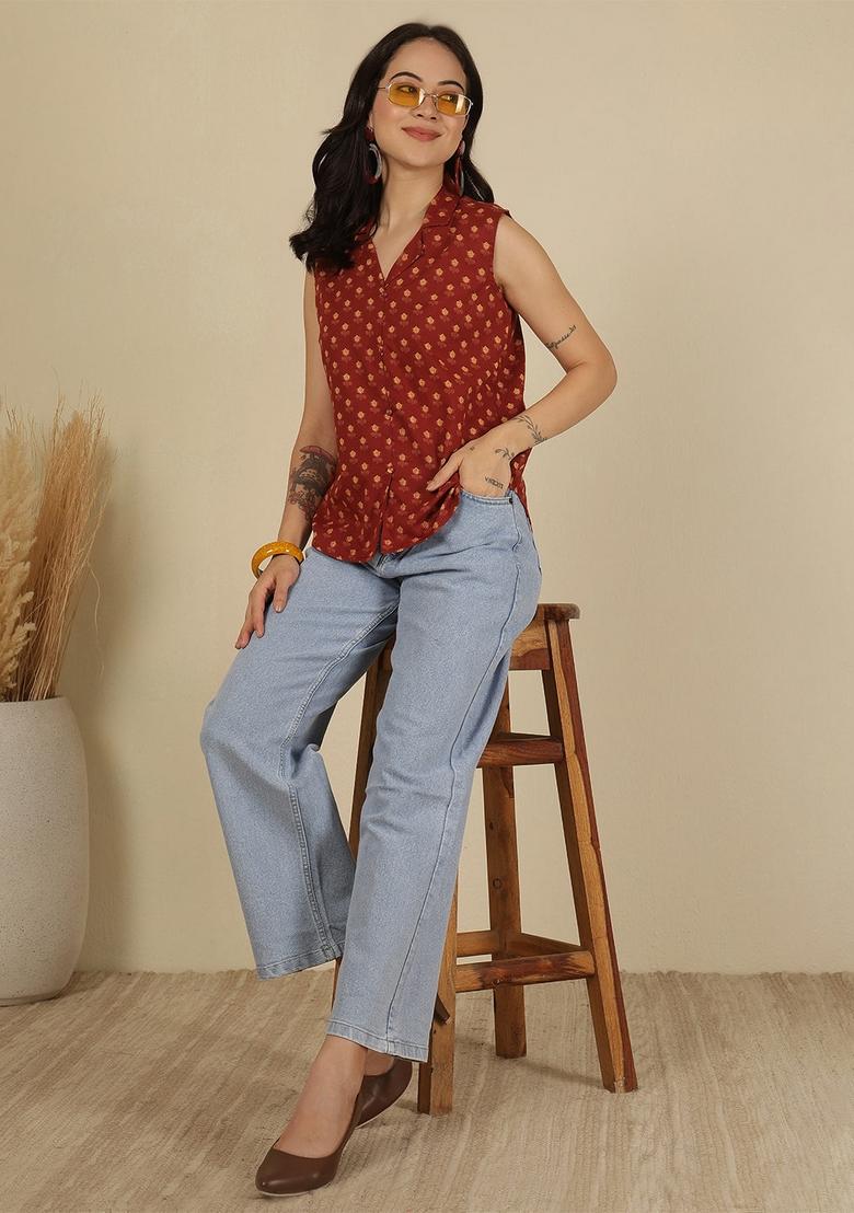 Maroon Printed Cotton Top - Indya