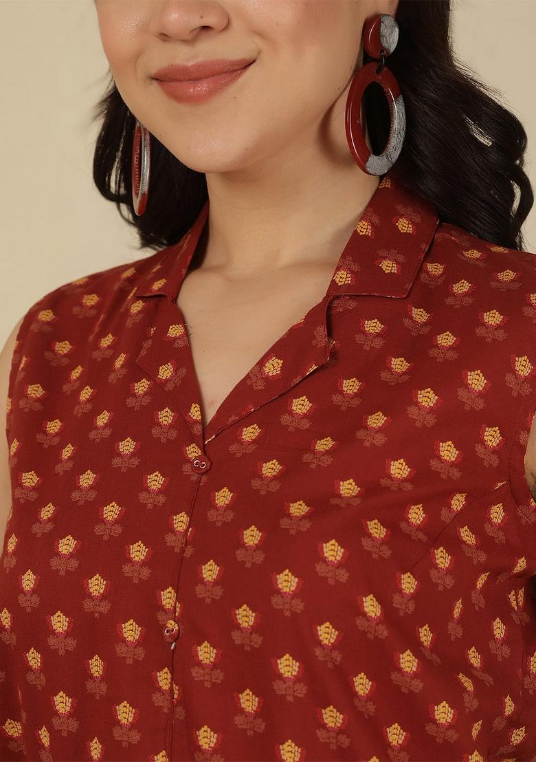 Maroon Printed Cotton Top - Indya