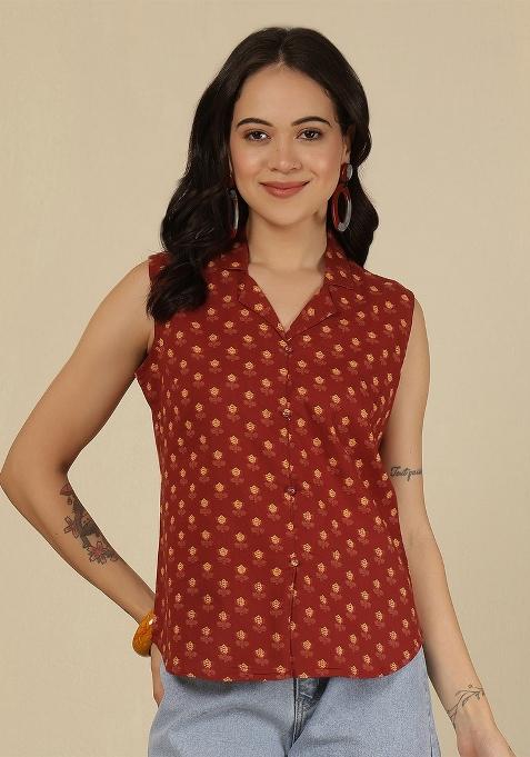 Maroon Printed Cotton Top