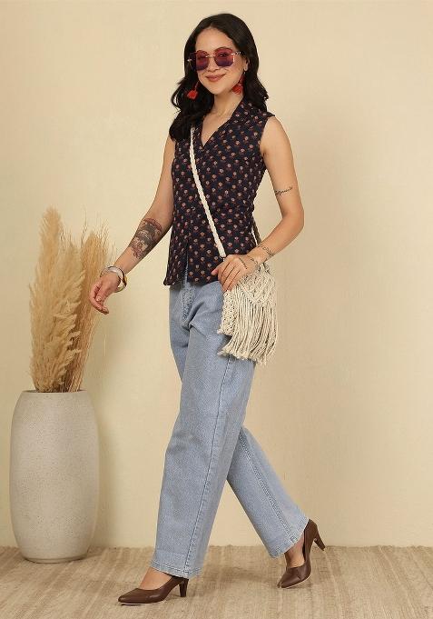 Blue Printed Cotton Top