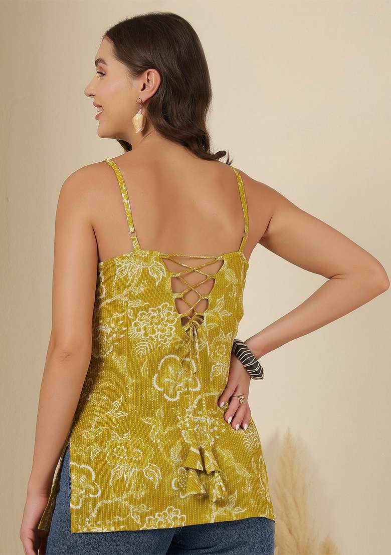 Yellow Floral Print Cotton Kurta - Indya