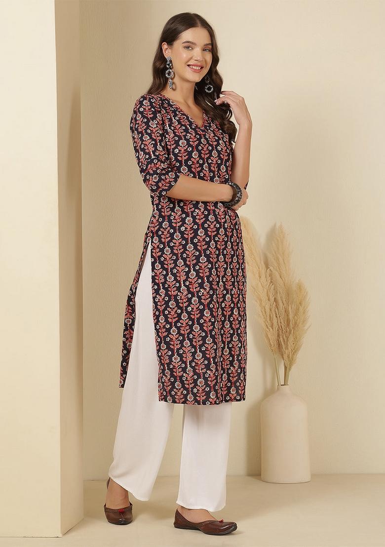 Blue Printed Cotton Kurta - Indya