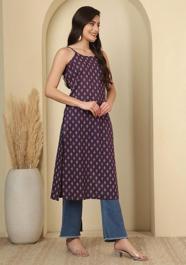 Purple Printed Cotton Kurta - Indya
