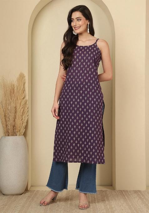 Purple Printed Cotton Kurta
