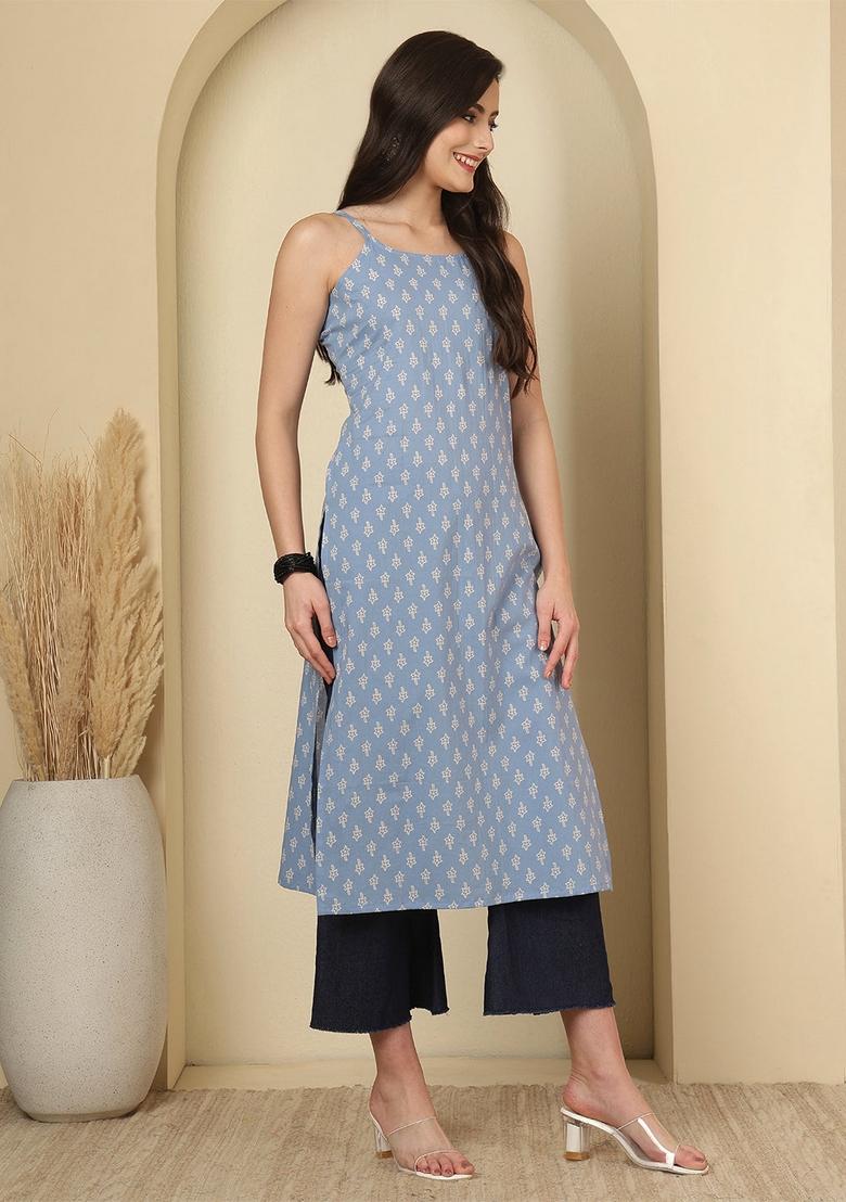 Blue Printed Cotton Kurta - Indya