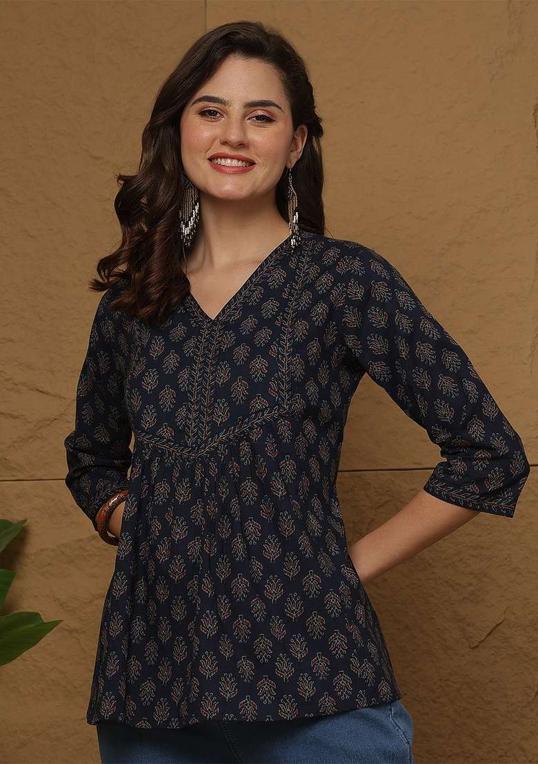 Blue Printed Cotton Kurta - Indya