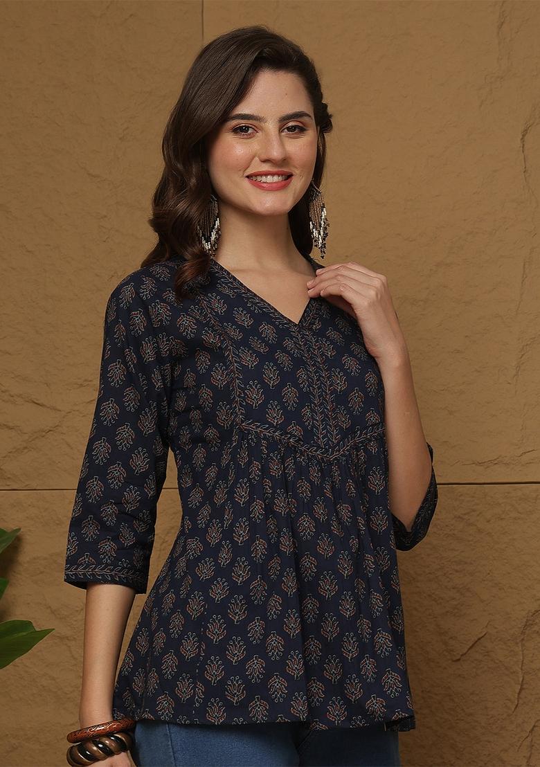 Blue Printed Cotton Top - Indya