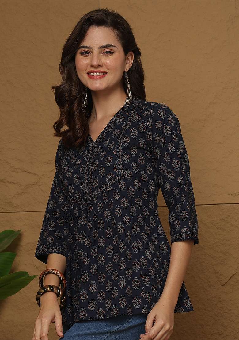 Blue Printed Cotton Kurta - Indya