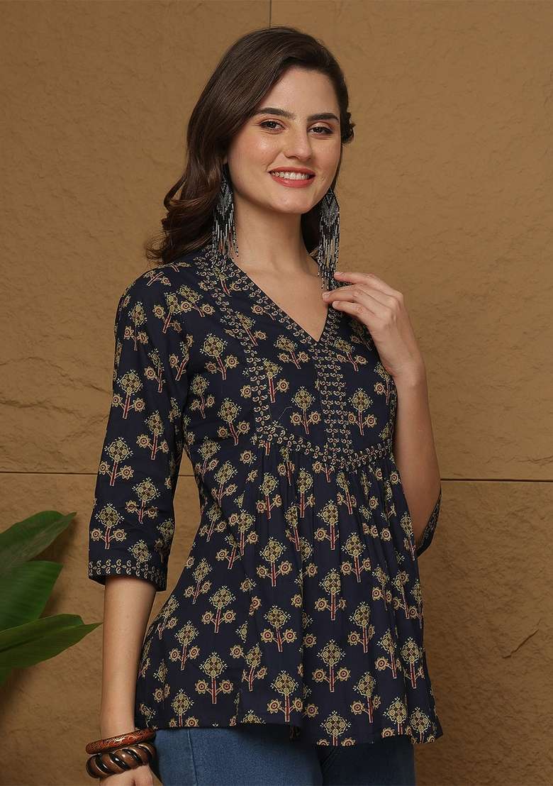 Blue Printed Cotton Top - Indya