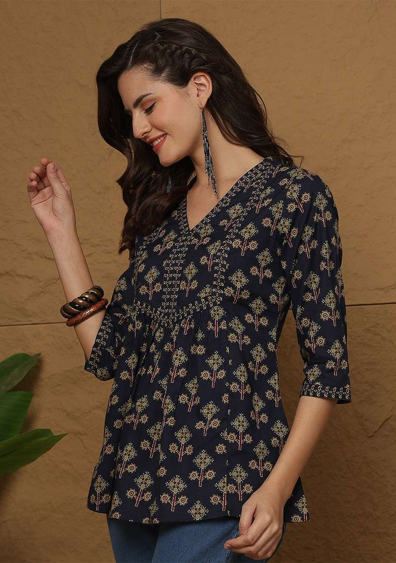 Blue Printed Cotton Top - Indya