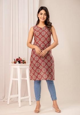 Maroon Printed Cotton Kurta
