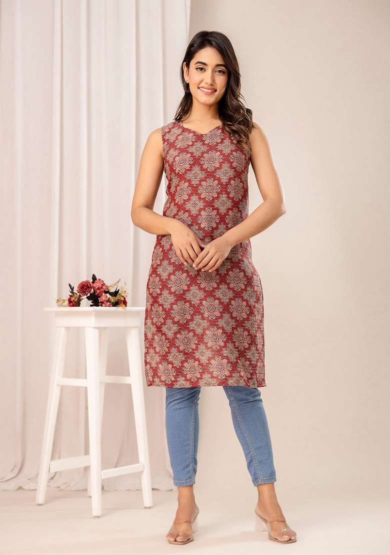 Maroon Printed Cotton Kurta - Indya