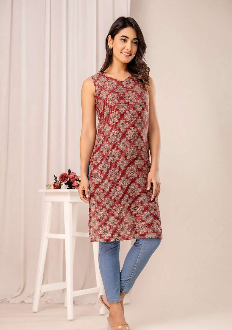 Maroon Printed Cotton Kurta - Indya