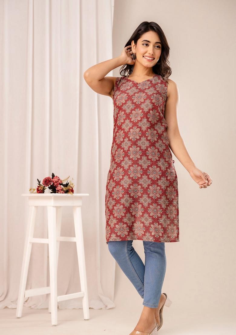Maroon Printed Cotton Kurta - Indya
