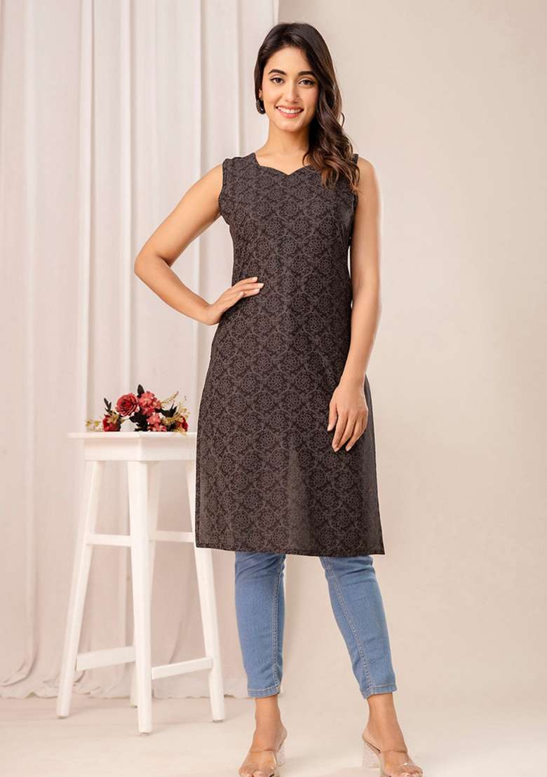 Black Printed Cotton Kurta - Indya
