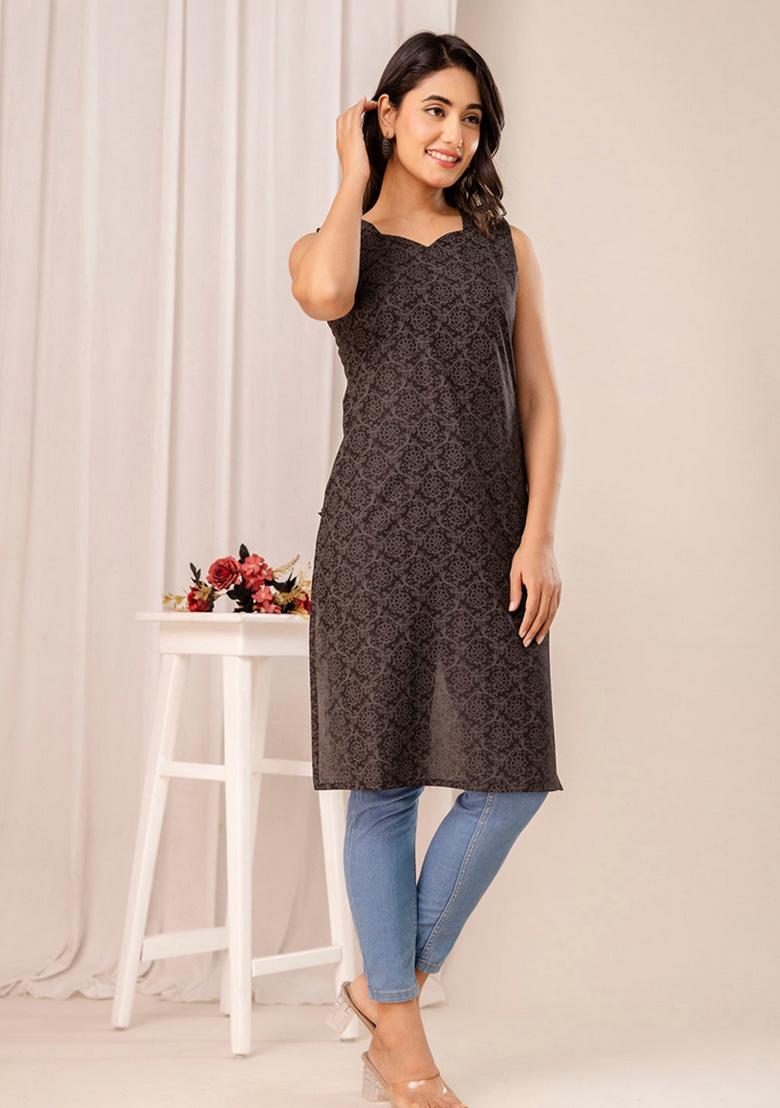 Black Printed Cotton Kurta - Indya
