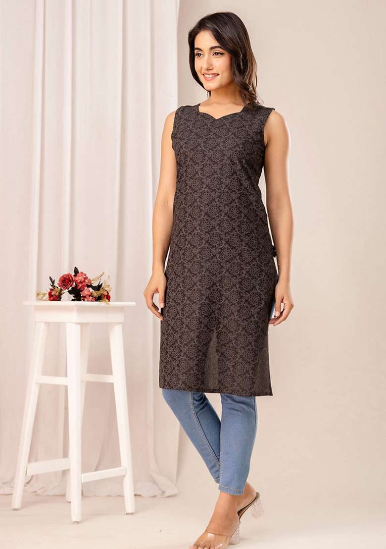 Black Printed Cotton Kurta - Indya