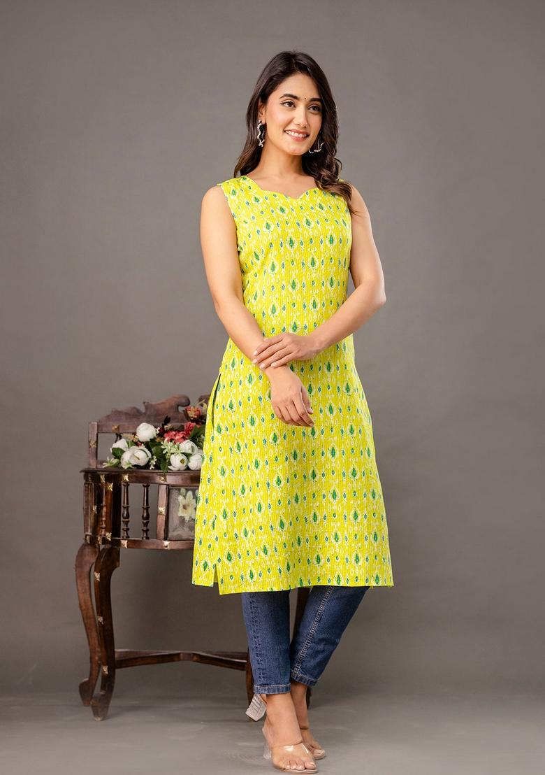 Lime Green Printed Cotton Kurta - Indya