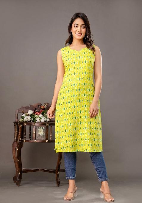 Lime Green Printed Cotton Kurta