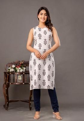 White Printed Cotton Kurta