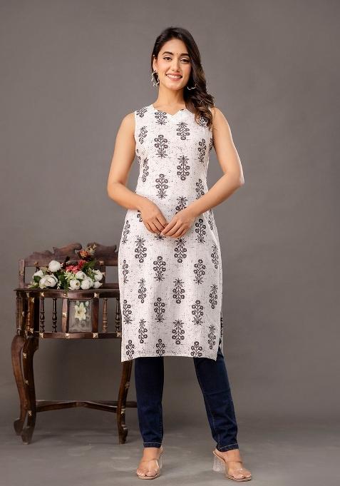 White Printed Cotton Kurta