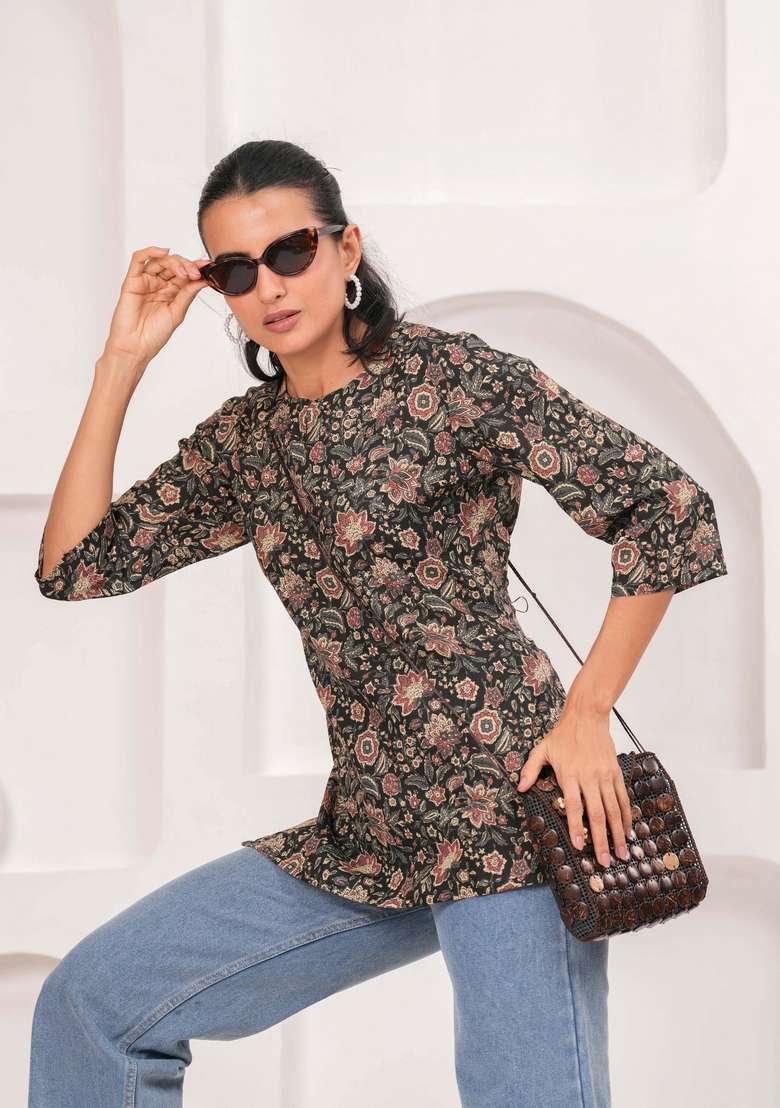 Black Floral Print Cotton Kurta - Indya
