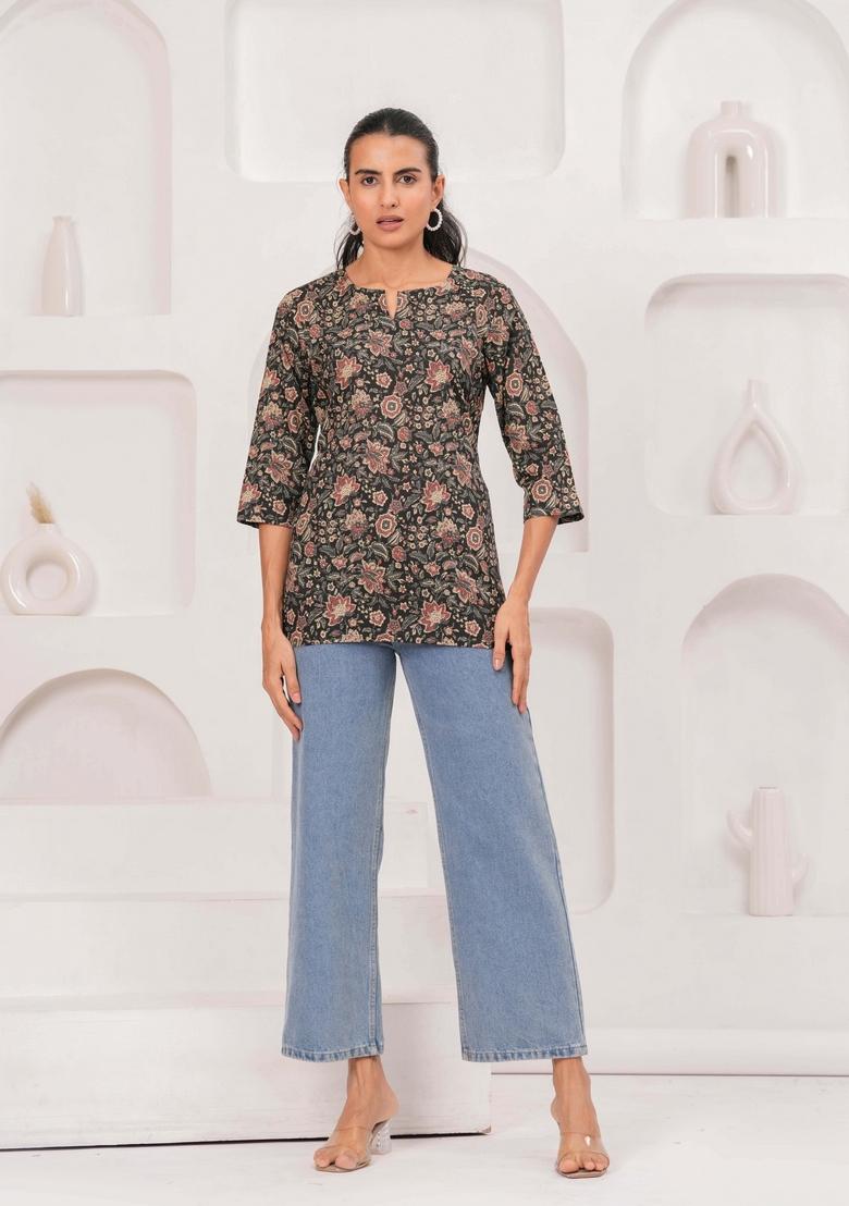 Black Printed Cotton Tunic - Indya