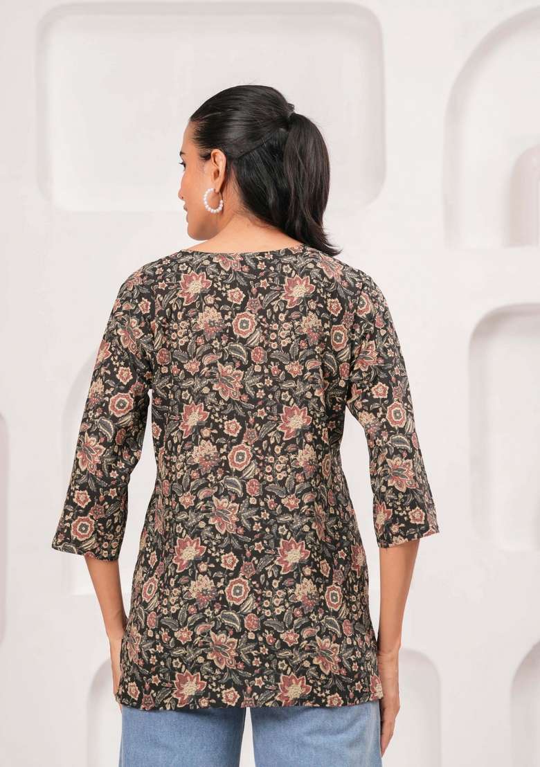 Black Floral Print Cotton Kurta - Indya