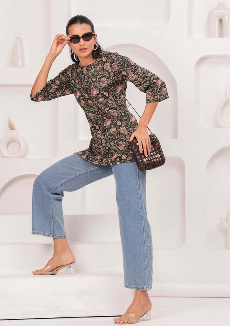 Black Printed Cotton Tunic - Indya