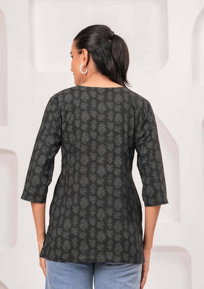Black Printed Cotton Kurta - Indya