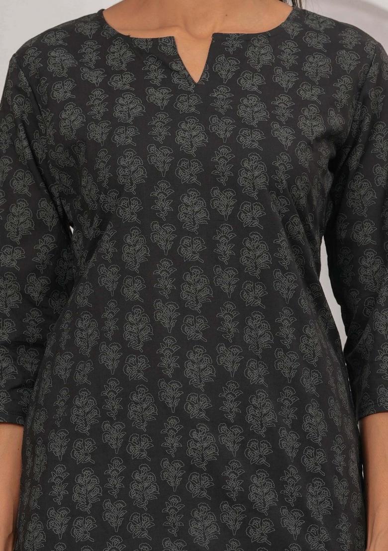 Black Printed Cotton Kurta - Indya