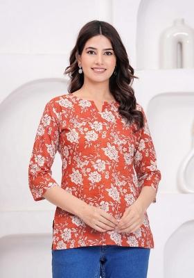 Rust Printed Cotton Kurti